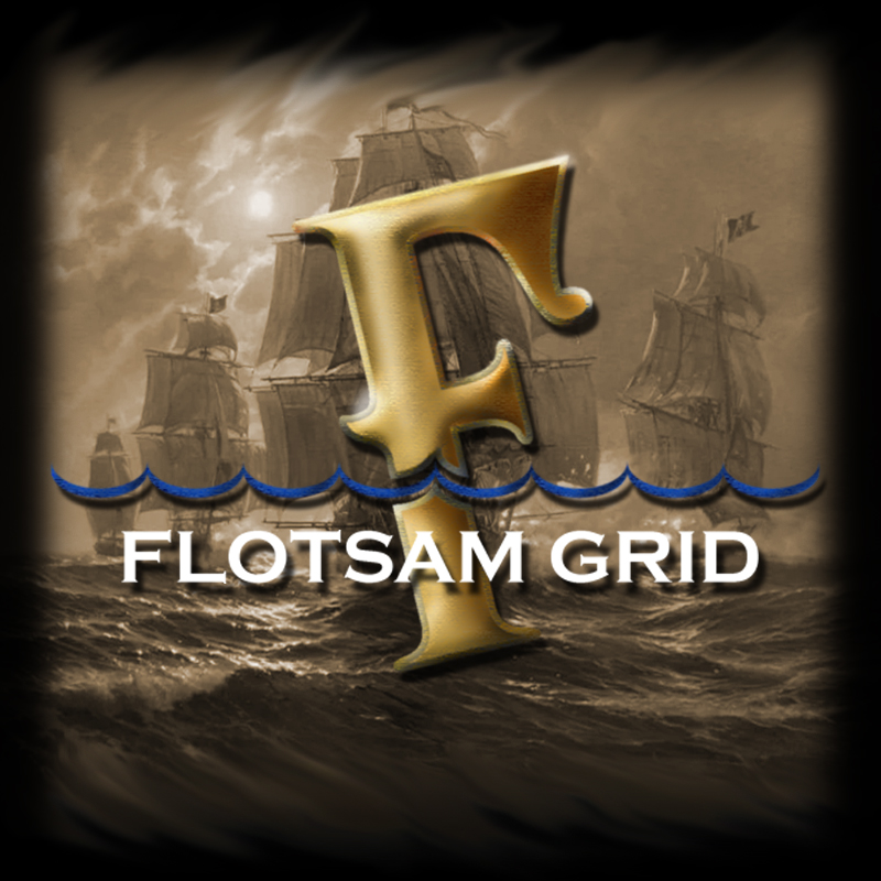 Flotsam Grid: sailing ships at sea behind a gold letter F